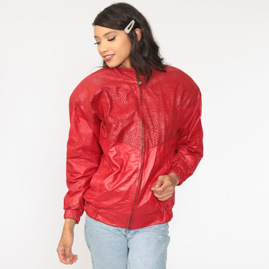 80s Red Leather Motorcycle Jacket Faux Snakeskin Biker Moto Medium