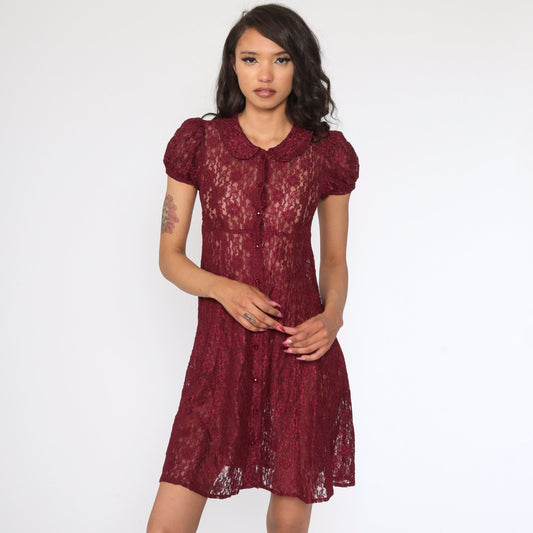 90s Burgundy Lace Mini Dress Peter Pan Collar Puff Sleeve Extra Small