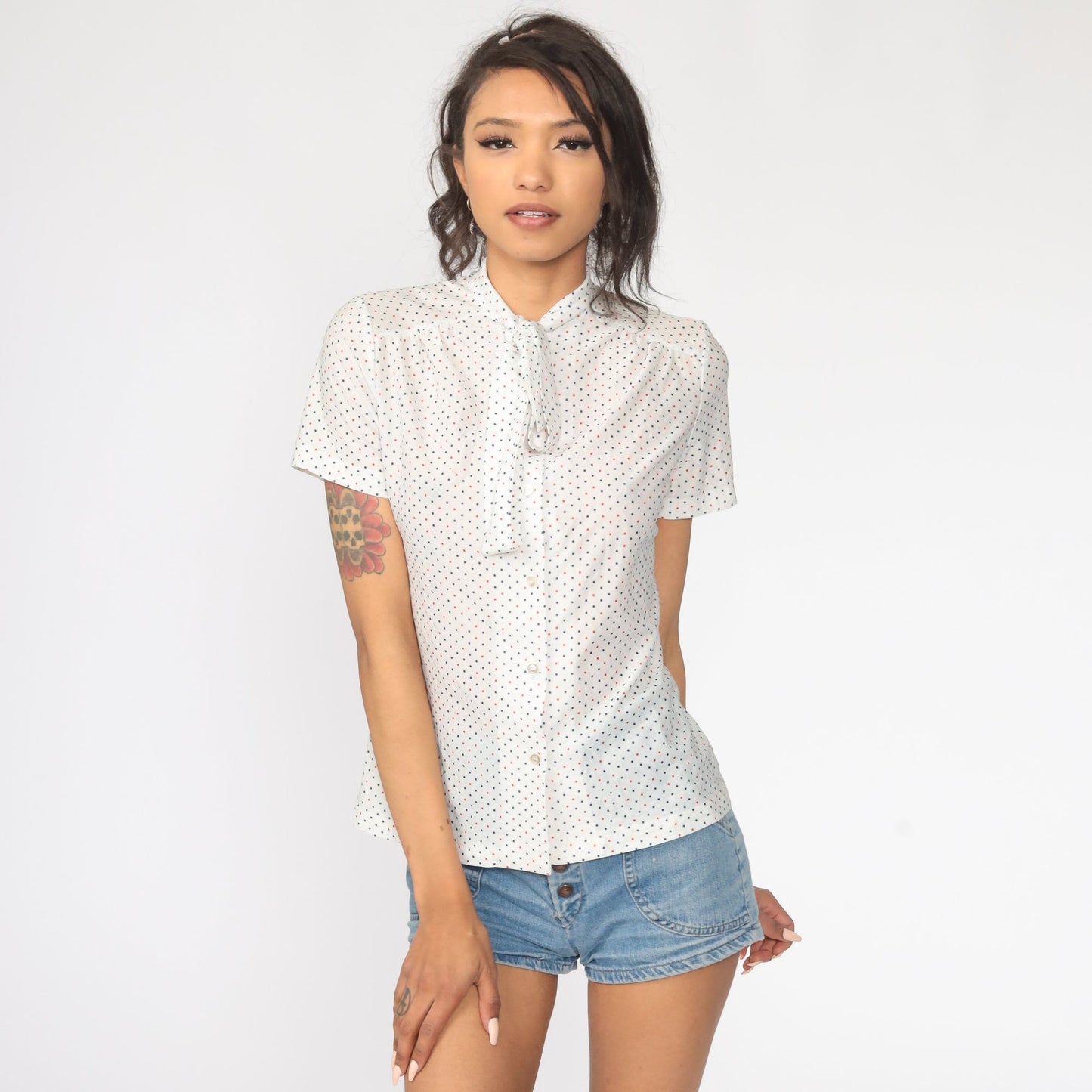70s Ascot Blouse White Polka Dot Button Up Cap Sleeve Small S