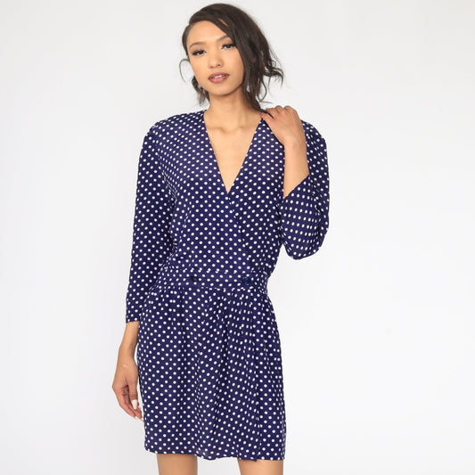 80s Navy Polka Dot Button-Up Mini Dress V-Neck Long Sleeve Small