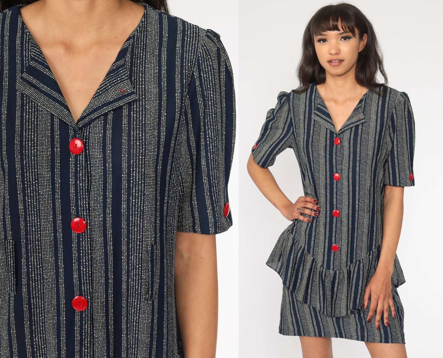 80s Navy Blue Mini Dress Puff Sleeve Drop Waist Button Front Medium