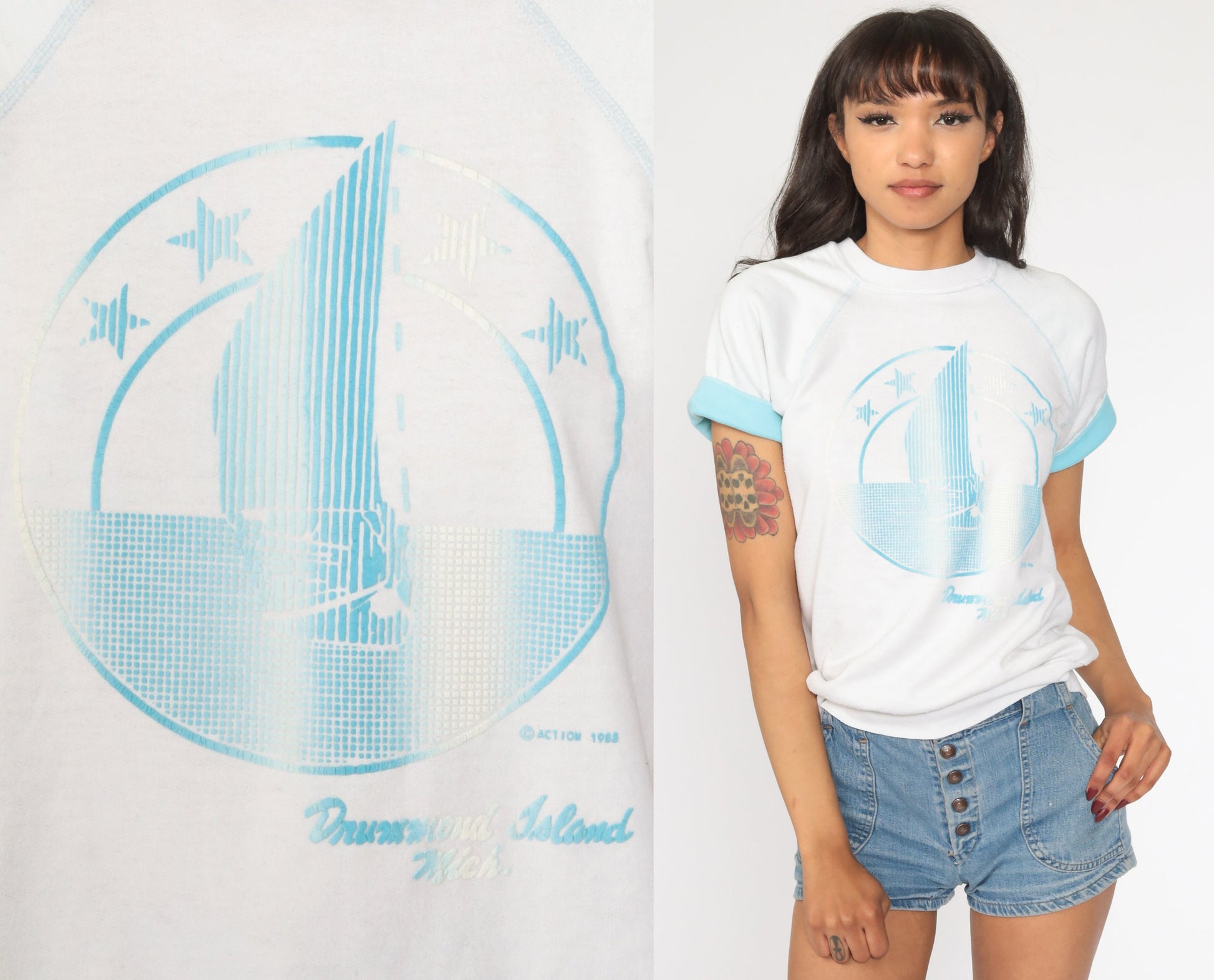 80s Drummond Island Michigan Sailboat Graphic T-Shirt White Extra Small