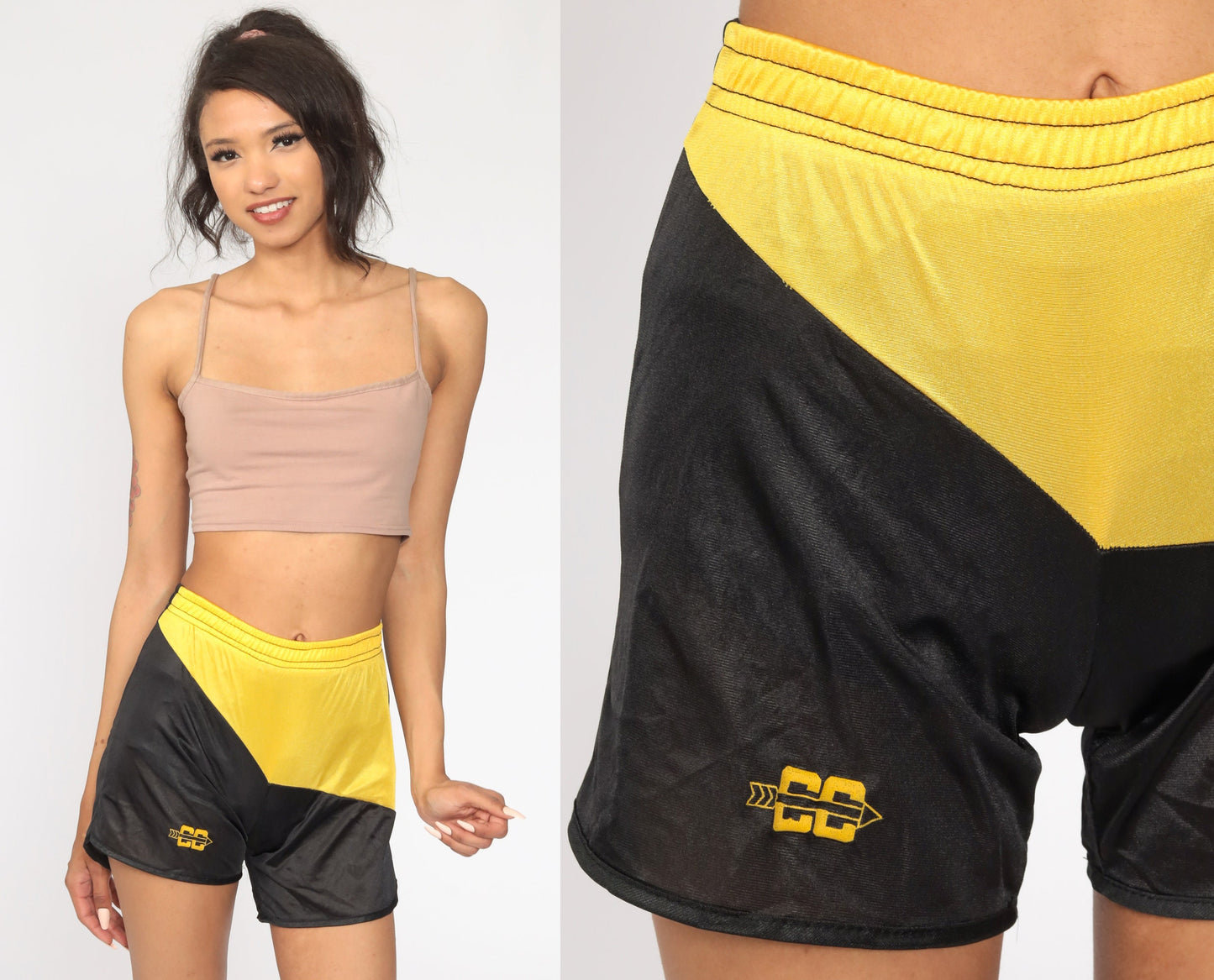 80s Black Yellow Nylon Running Shorts High Waist Color Block Extra Small