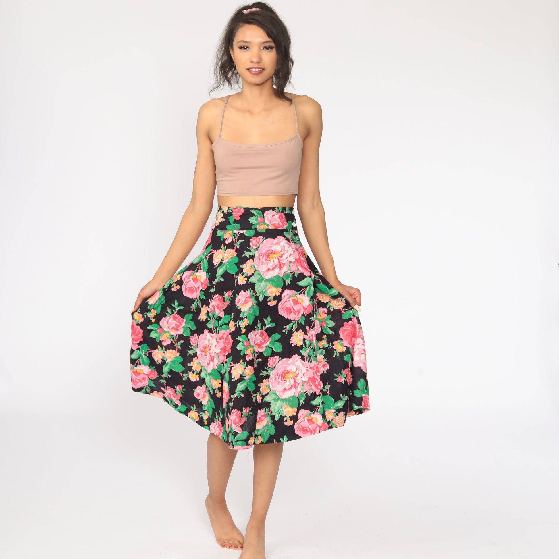 80s Floral Midi Skirt High Waisted Full Black Pink Cotton Extra Small