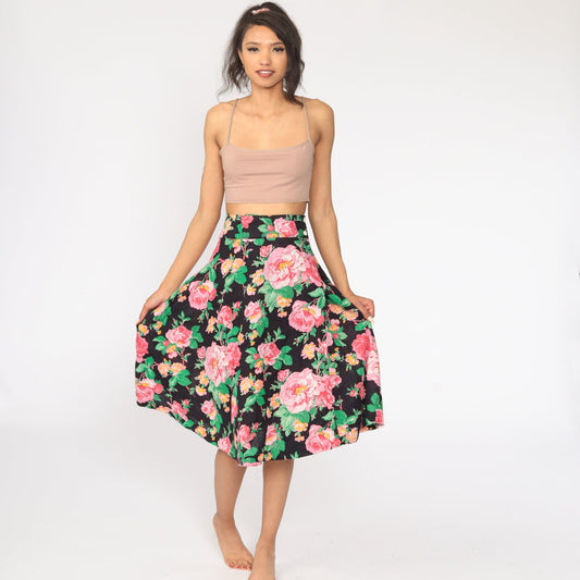 80s Floral Midi Skirt High Waisted Full Black Pink Cotton Extra Small