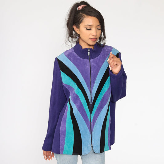 90s Purple Suede Striped Jacket Knit Sweater Jacket Extra Large XXL