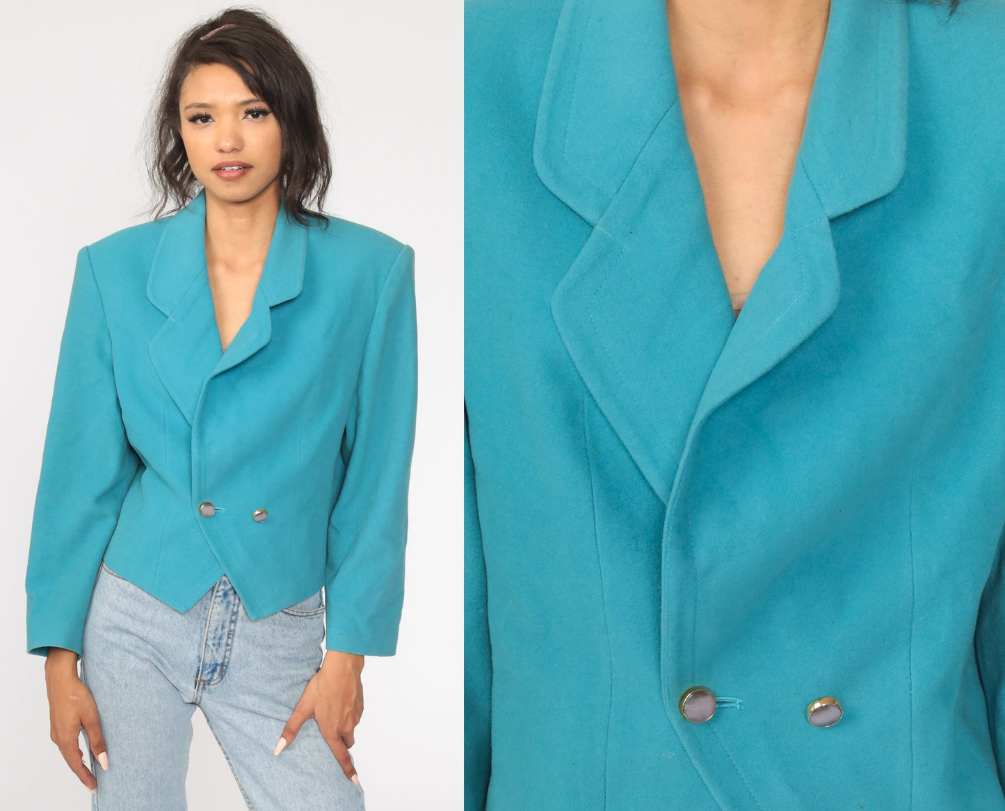 80s Turquoise Wool Blazer Tailored Jacket Collared Medium