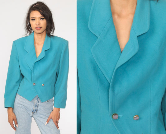 80s Turquoise Wool Blazer Tailored Jacket Collared Medium