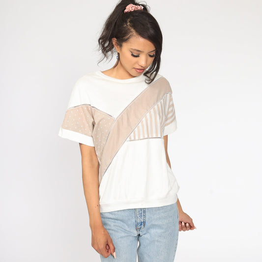 80s Striped Cutout Top White Tan Short Sleeve Blouse Medium