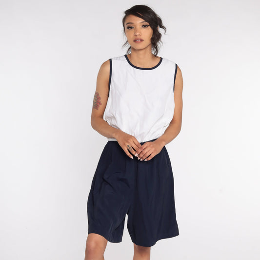 80s Navy White Sleeveless Romper Playsuit Shorts Jumpsuit Medium