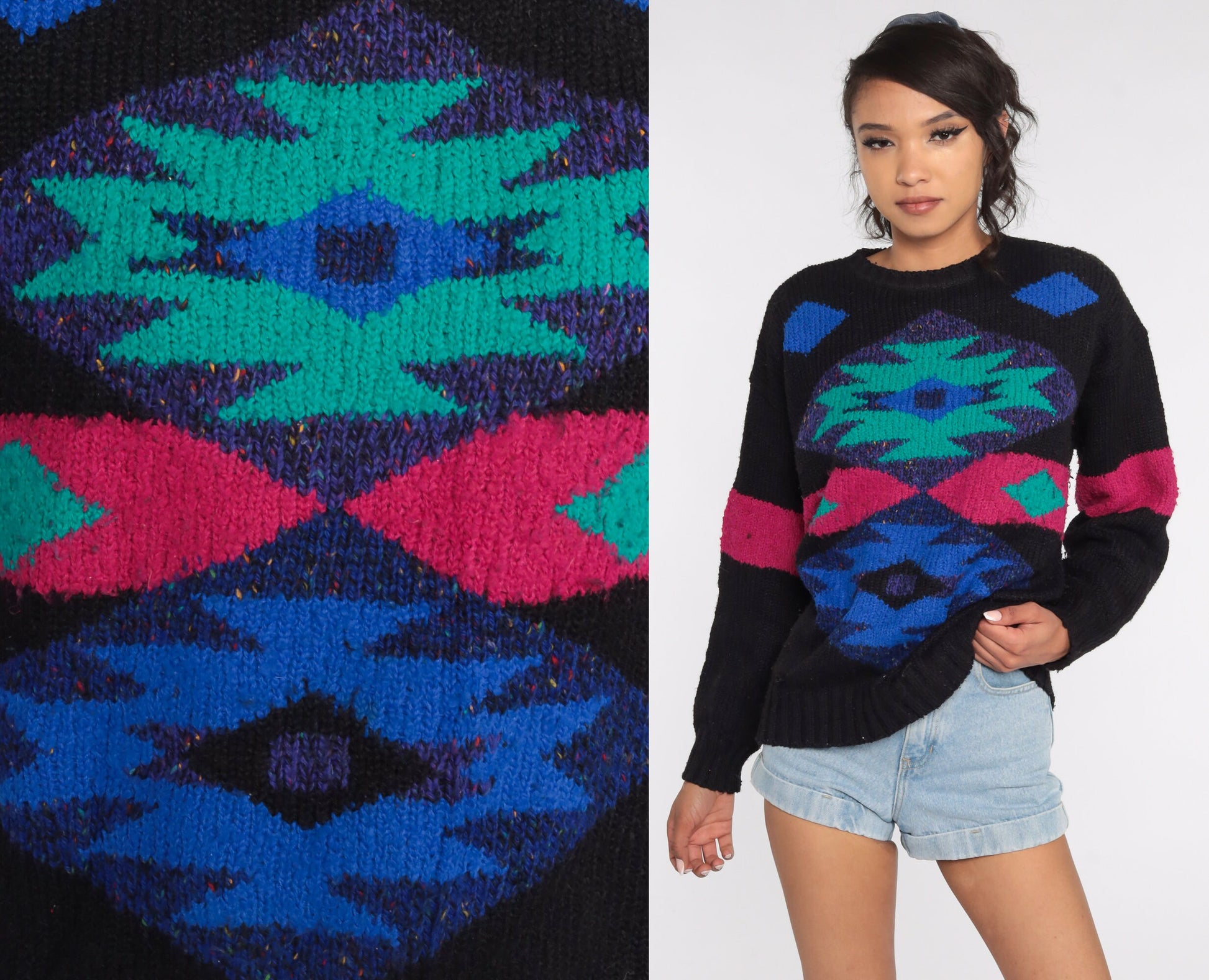 80s Southwestern Tribal Sweater Black Wool Blend Aztec Pullover Large