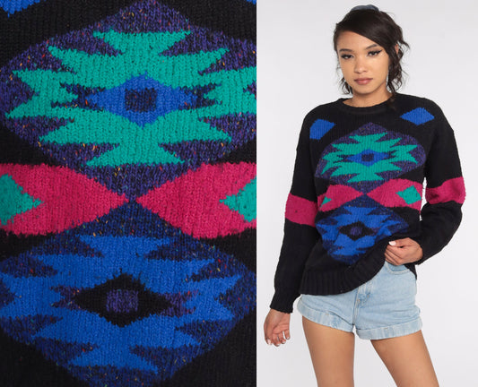 80s Southwestern Tribal Sweater Black Wool Blend Aztec Pullover Large