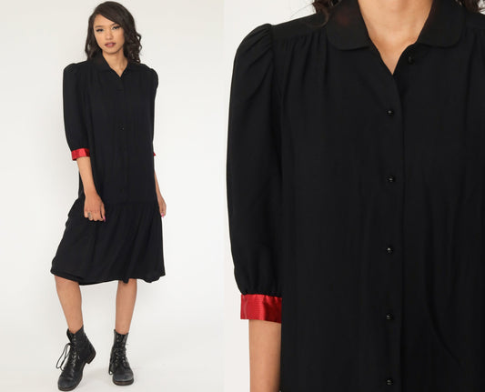 80s Black Mini Dress Drop Waist Puff Sleeve Button-Up Medium
