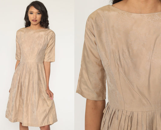 60s Floral Print Dress Pleated Skirt Tea Length Taupe Small