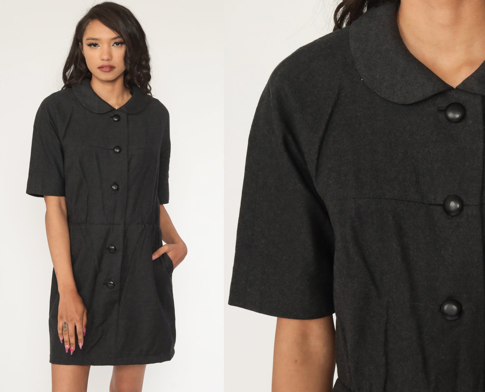 60s Mod Wool Shift Dress Peter Pan Collar Charcoal Mini Medium