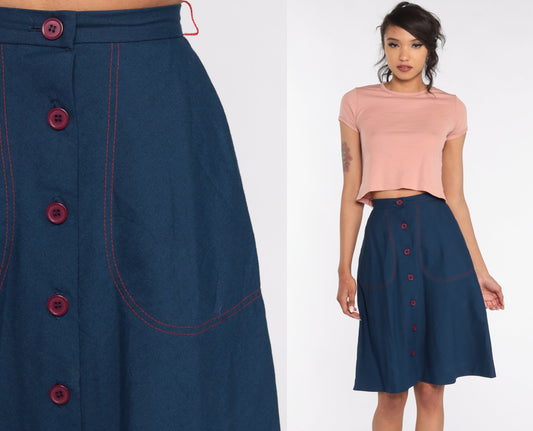 70s Dark Blue Midi Skirt High Waist Pockets XXS