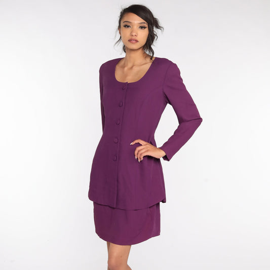 80s Purple Sheath Dress Button Front Bow Back V-Neck Secretary Medium