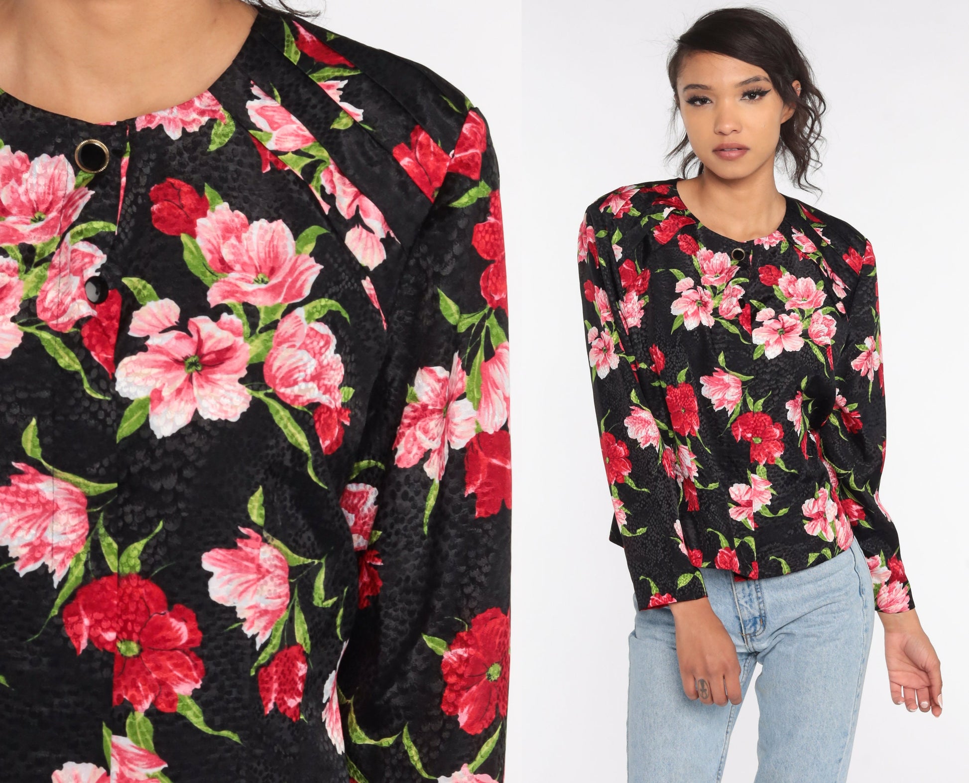 90s Liz Claiborne Black Floral Button-Up Blouse Long Sleeve Large L