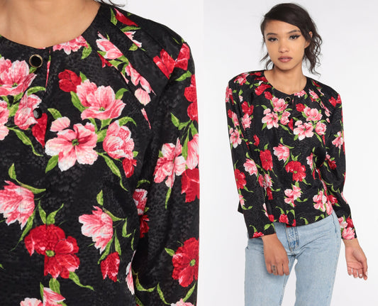 90s Liz Claiborne Black Floral Button-Up Blouse Long Sleeve Large L