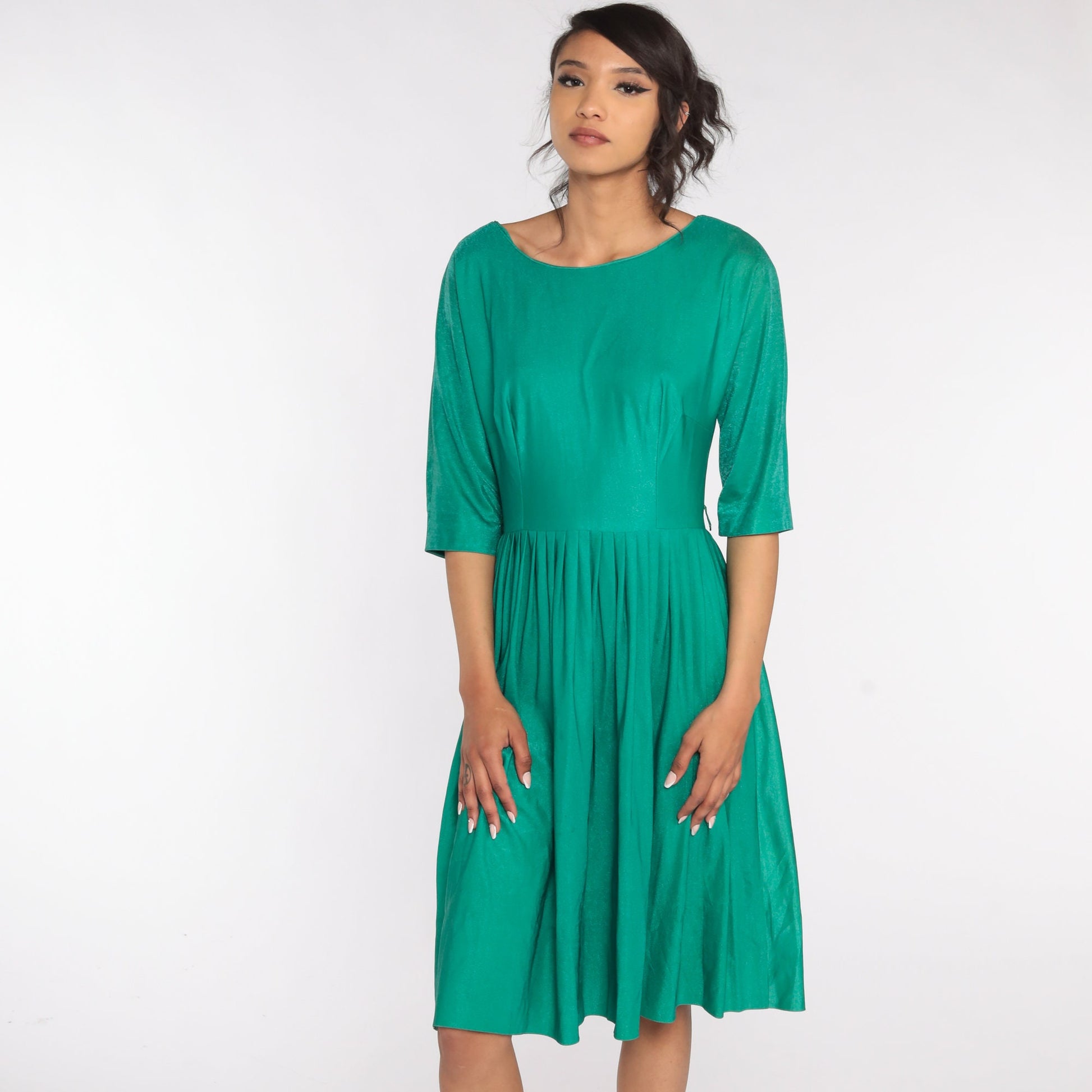 1960s Green Pleated High-Waist Dress 3/4 Sleeve Fit and Flare Small S