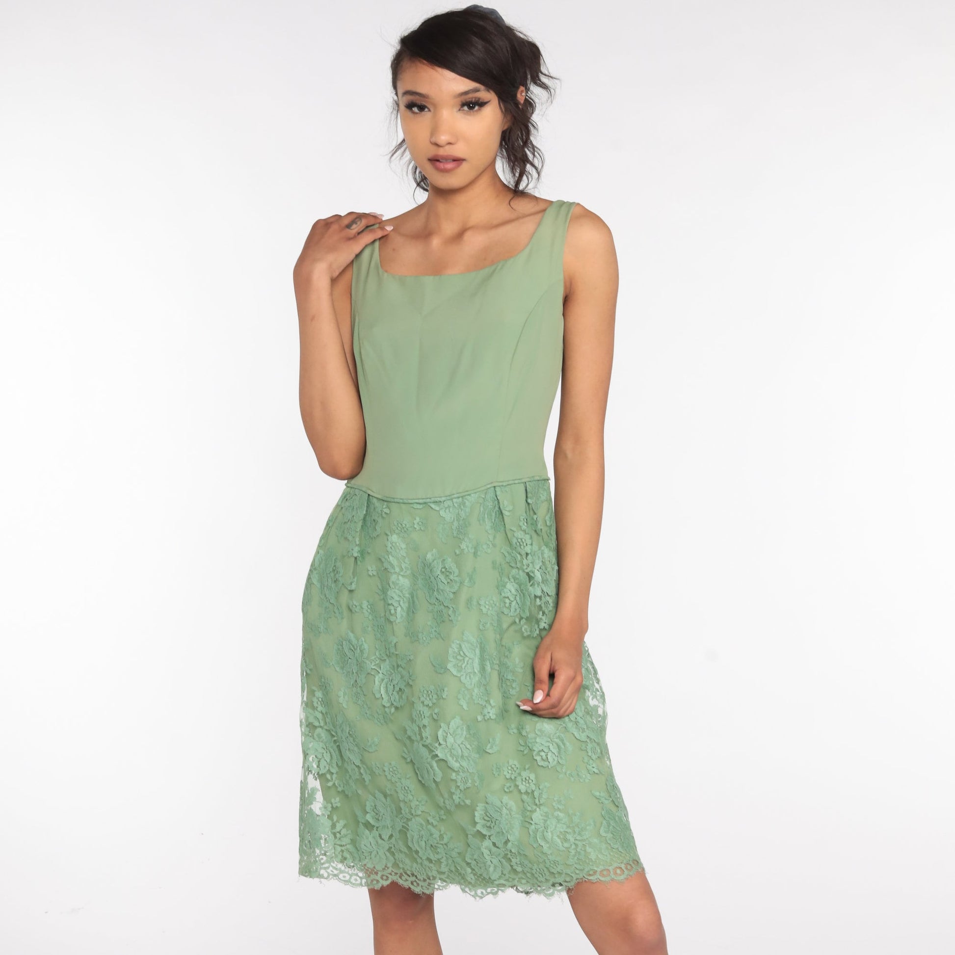 1960s Green Lace Cocktail Dress Midi Tea Length Small