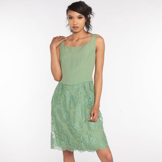 1960s Green Lace Cocktail Dress Midi Tea Length Small