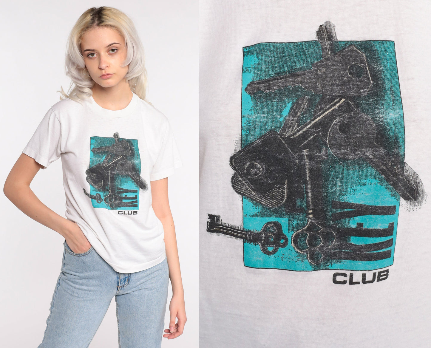 80s Key Club Skeleton Key Graphic T-Shirt Screen Stars Cotton Small