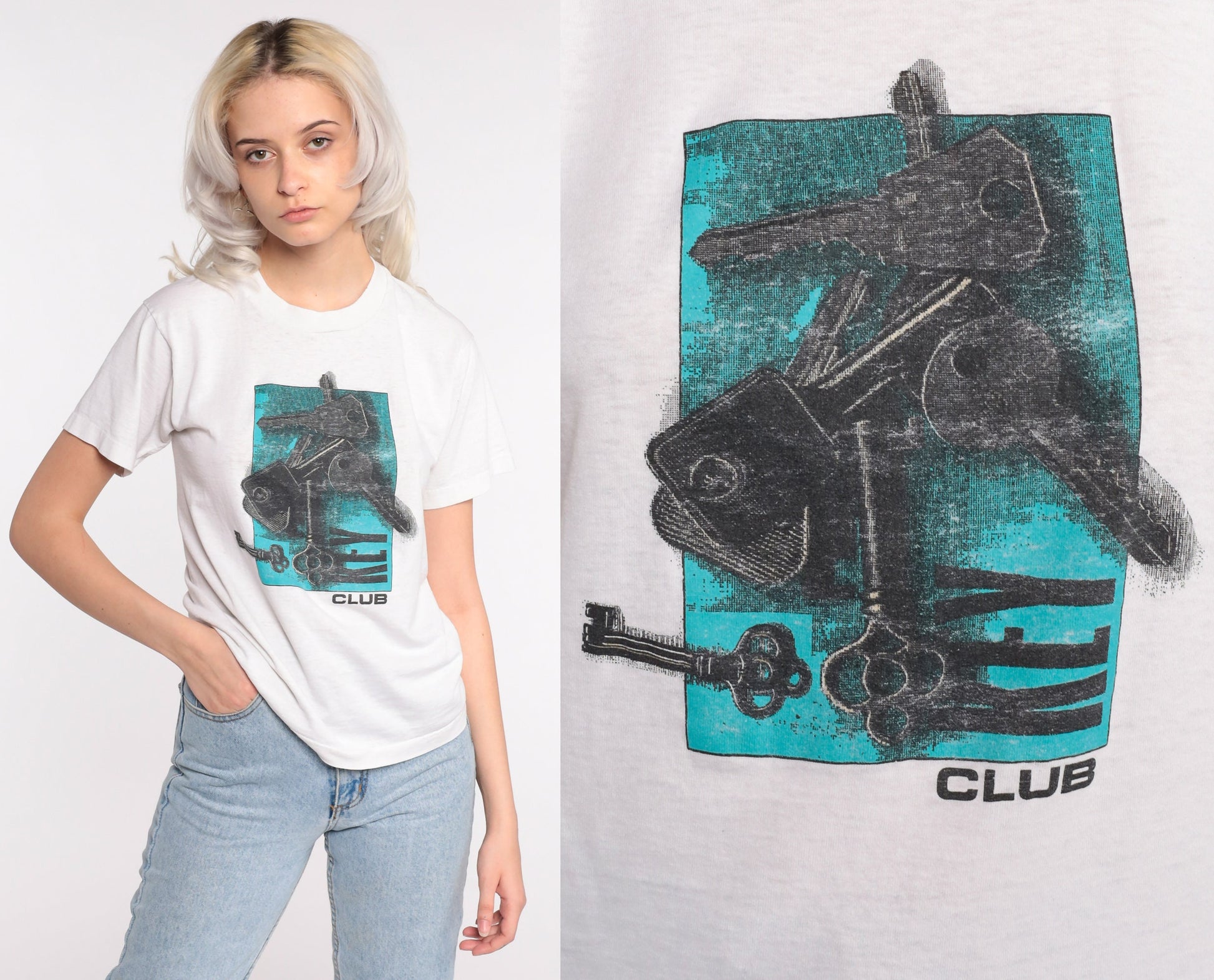80s Key Club Skeleton Key Graphic T-Shirt Screen Stars Cotton Small