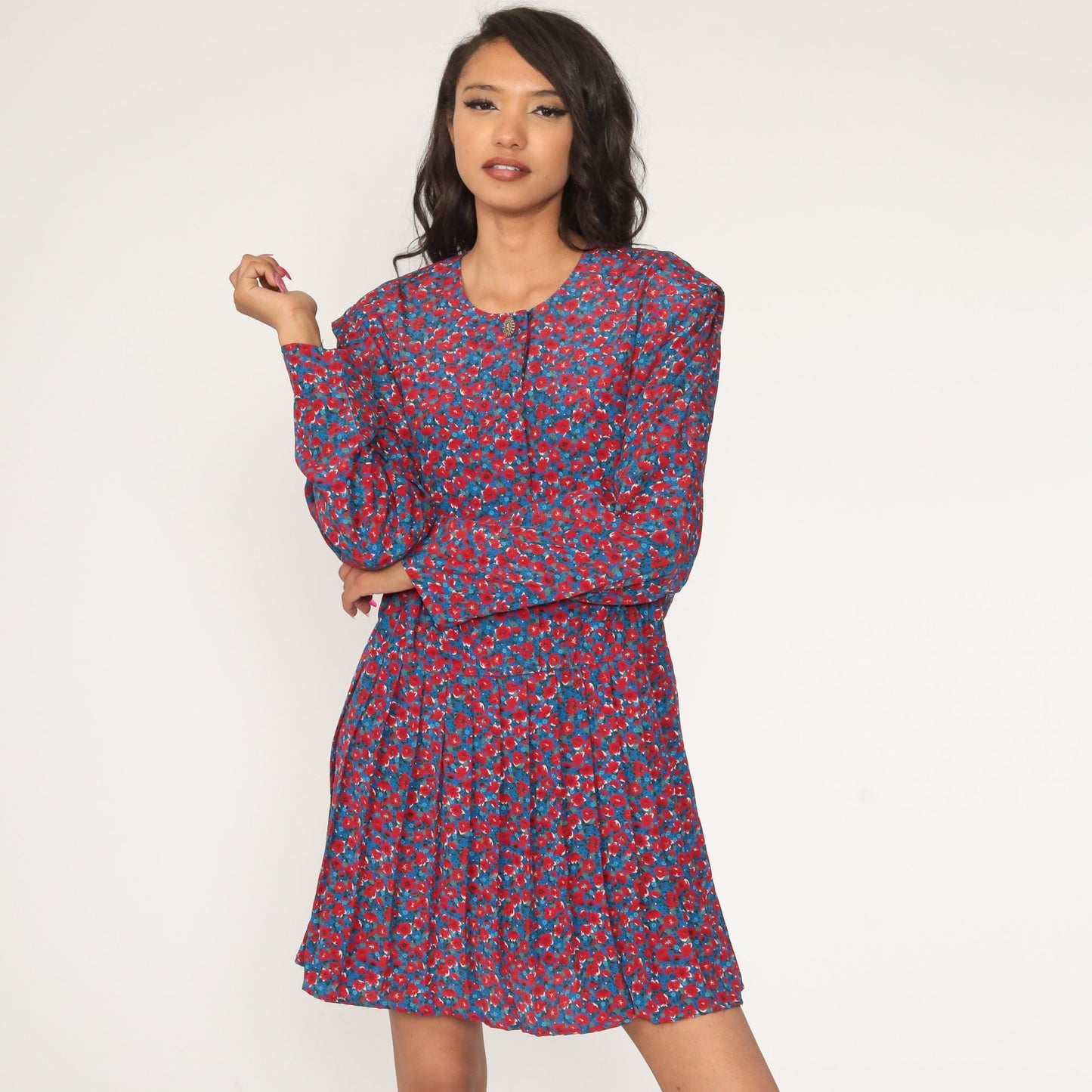 Leslie Fay Floral Mini Dress 90s Red Blue Pleated Button-Up Extra Large