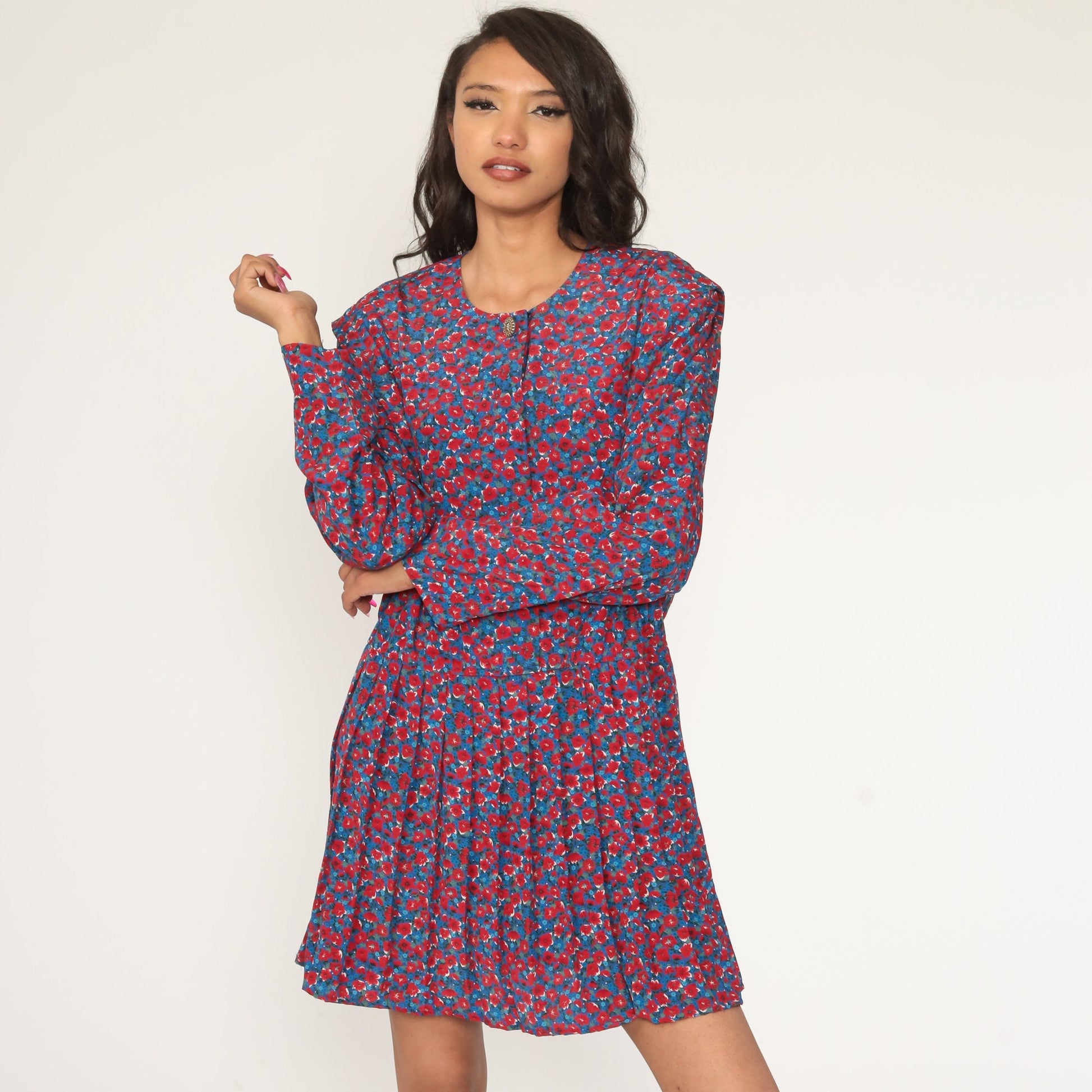 Leslie Fay Floral Mini Dress 90s Red Blue Pleated Button-Up Extra Large