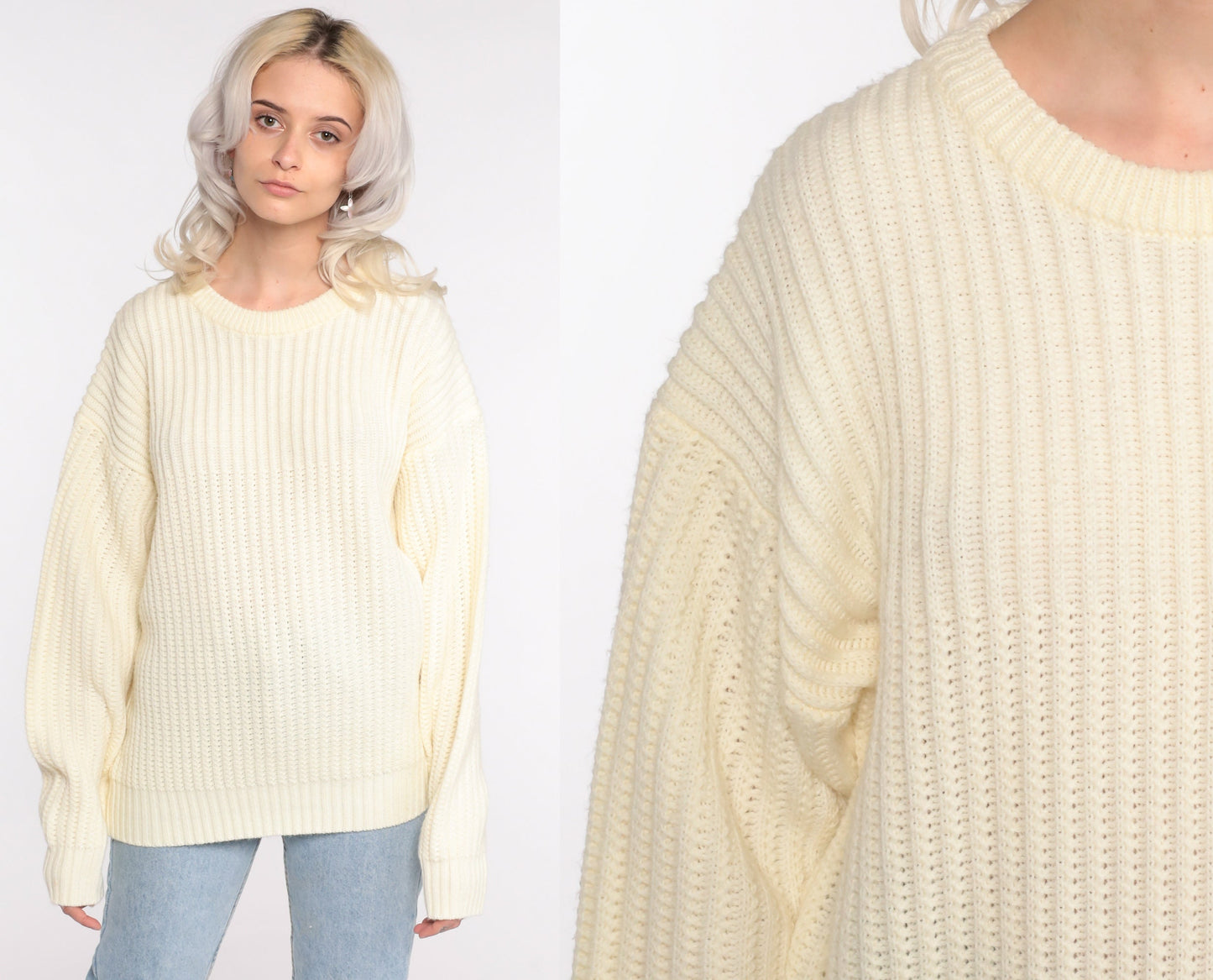 80s High Sierra Ribbed Cream Knit Pullover Sweater Large