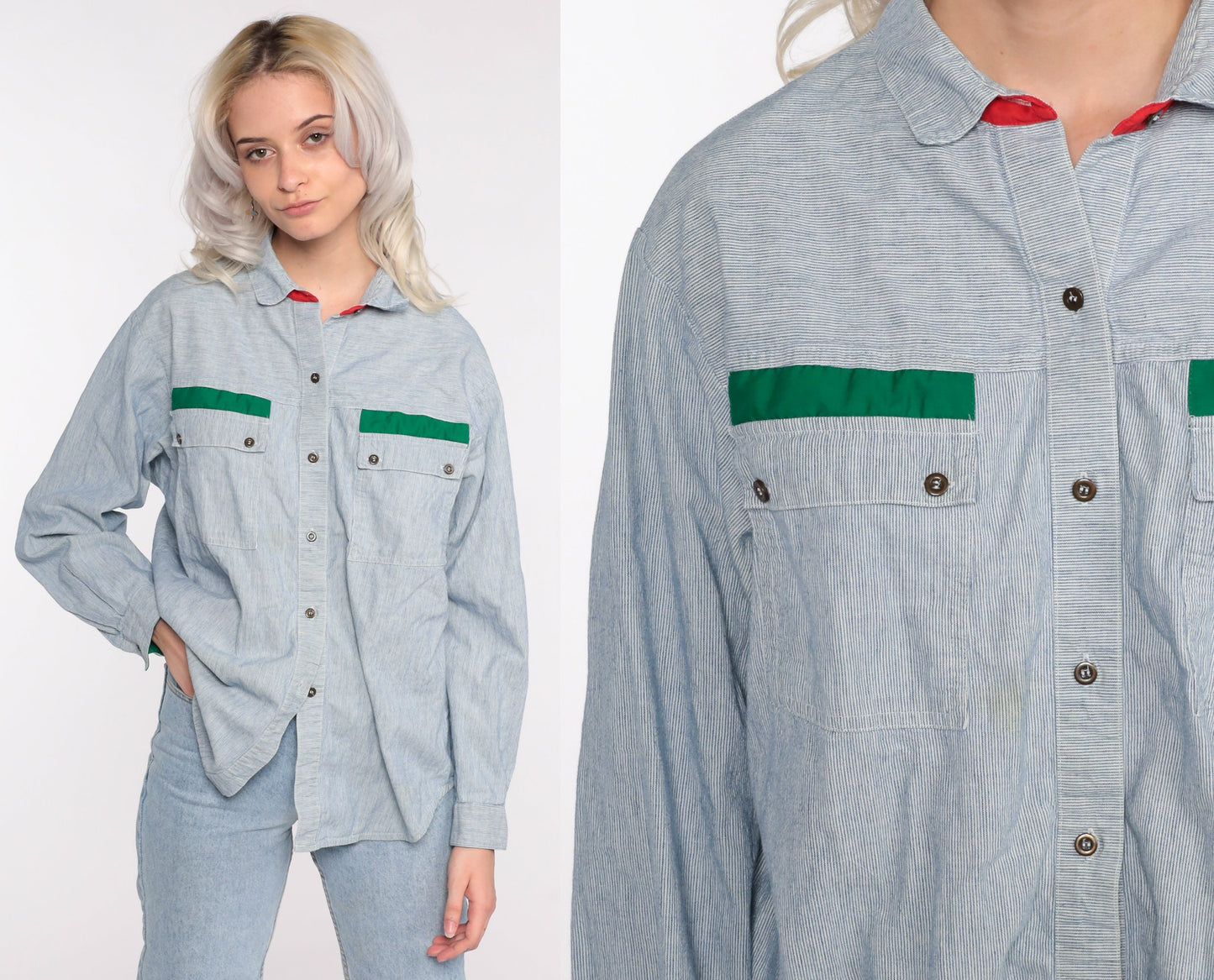 80s Striped Cotton Button-Up Shirt Blue Pinstripe Long Sleeve Large L