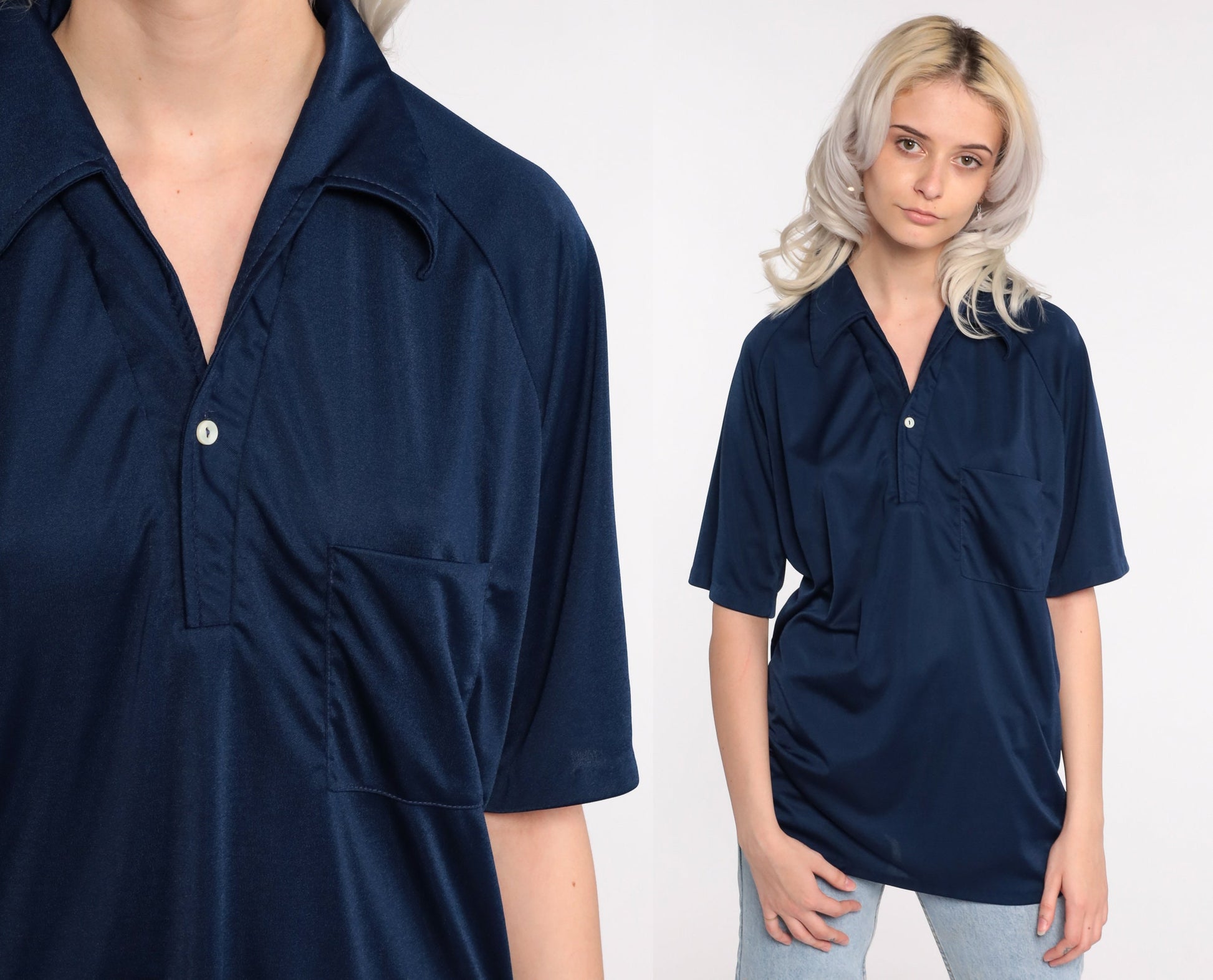 70s Dark Blue Polo Shirt Button-Up Collared Short Sleeve Large L