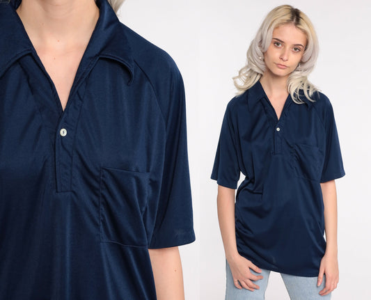 70s Dark Blue Polo Shirt Button-Up Collared Short Sleeve Large L