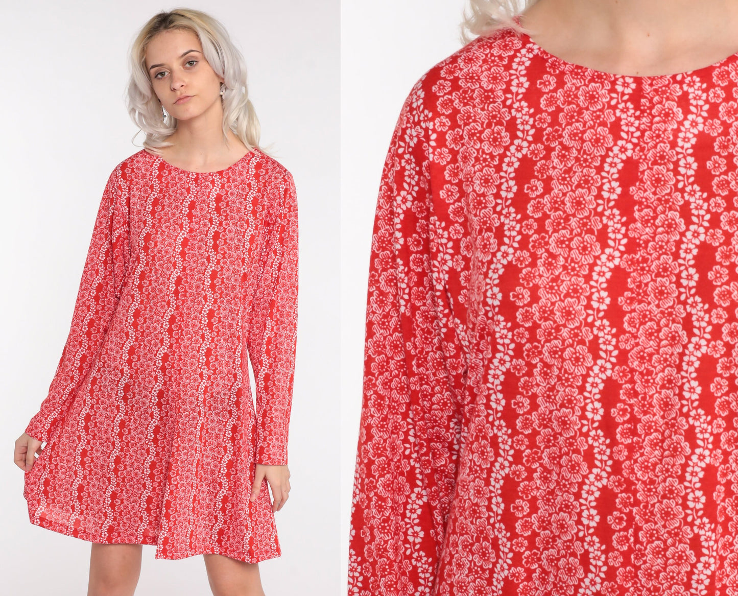70s Floral Print Shift Dress Long Sleeve Mini Red Cotton Small Medium