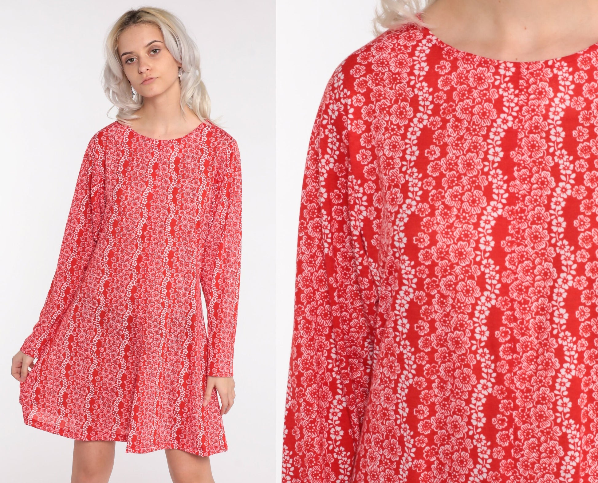 70s Floral Print Shift Dress Long Sleeve Mini Red Cotton Small Medium