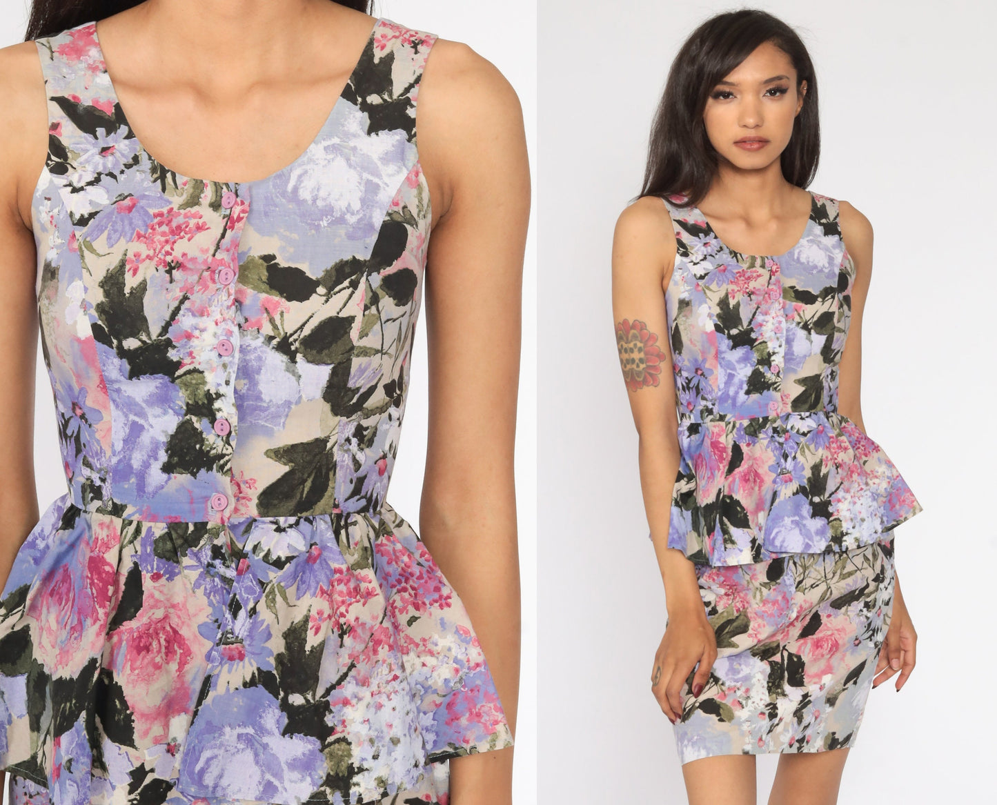 80s Floral Peplum Mini Dress Button-Up Lavender Cotton Sleeveless Extra Small