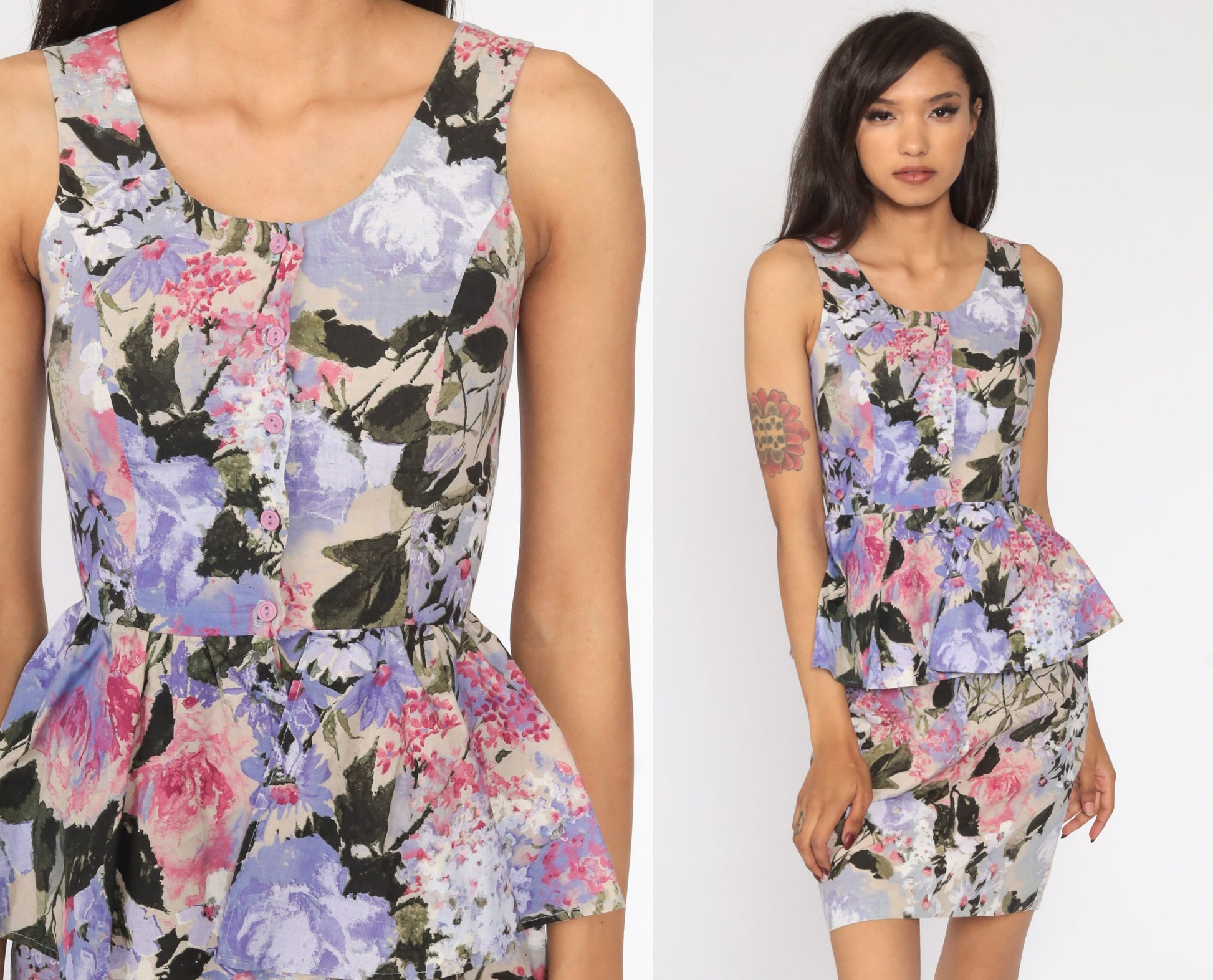 80s Floral Peplum Mini Dress Button-Up Lavender Cotton Sleeveless Extra Small