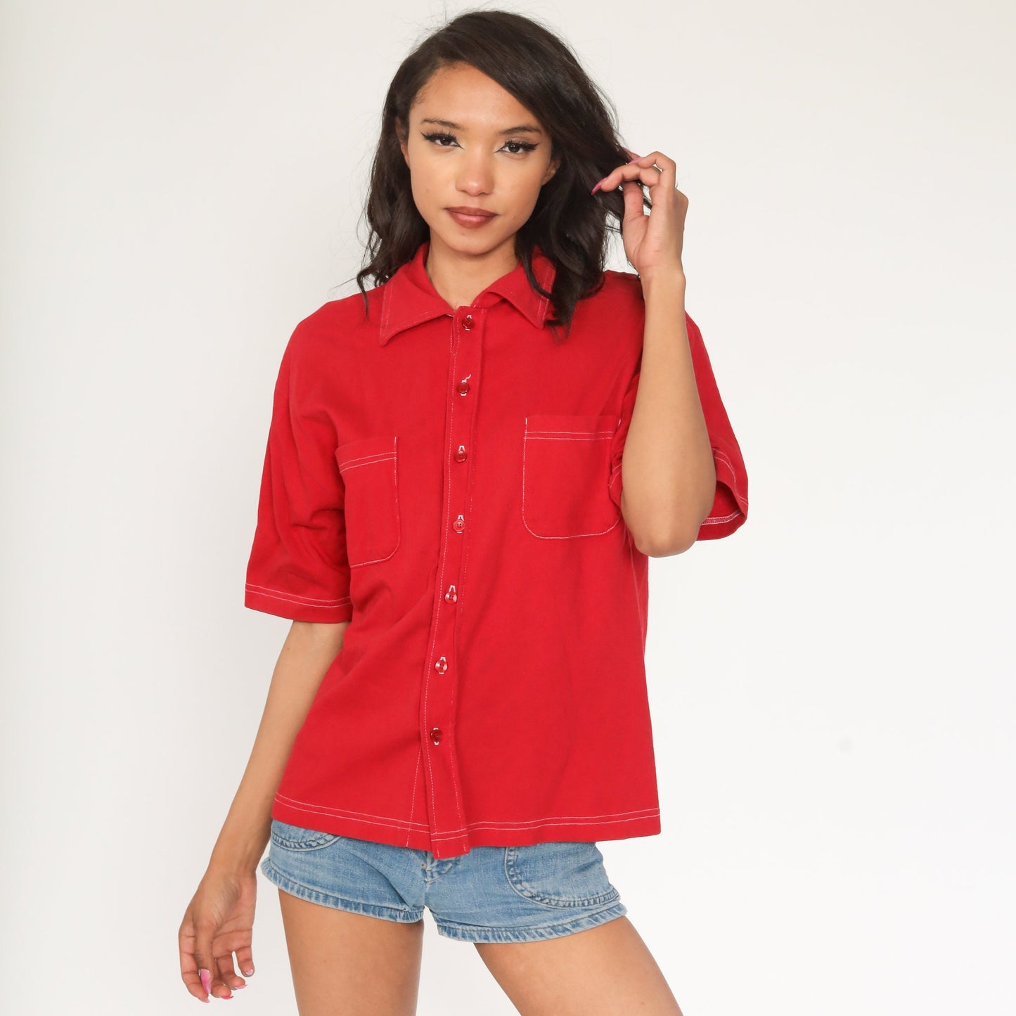 70s Red Cotton Button-Up Shirt Pointed Collar Short Sleeve Medium