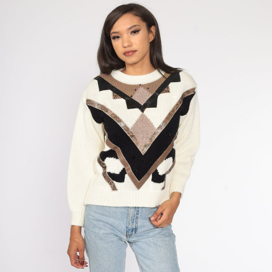 80s Geometric Knit Sweater Cream Pullover Slouchy Medium