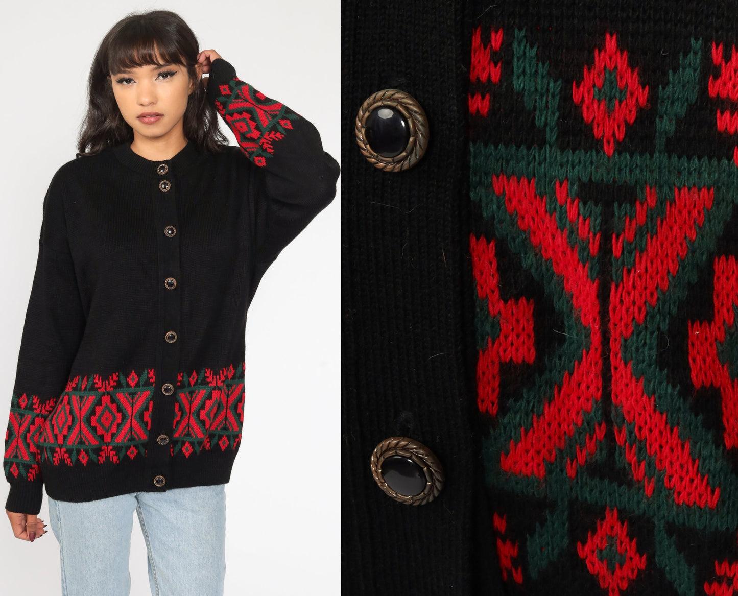 80s Southwestern Tribal Cardigan Black Red Knit Sweater Large