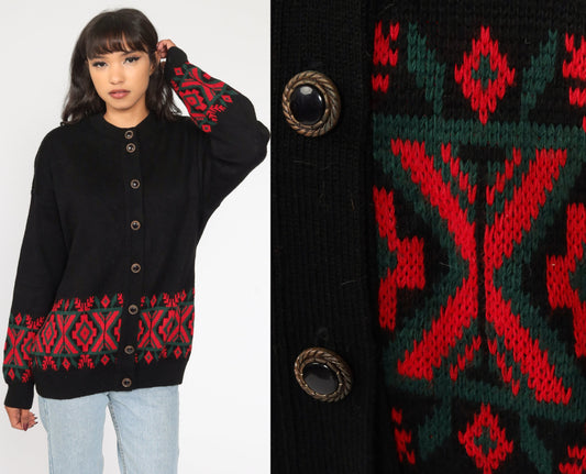 80s Southwestern Tribal Cardigan Black Red Knit Sweater Large