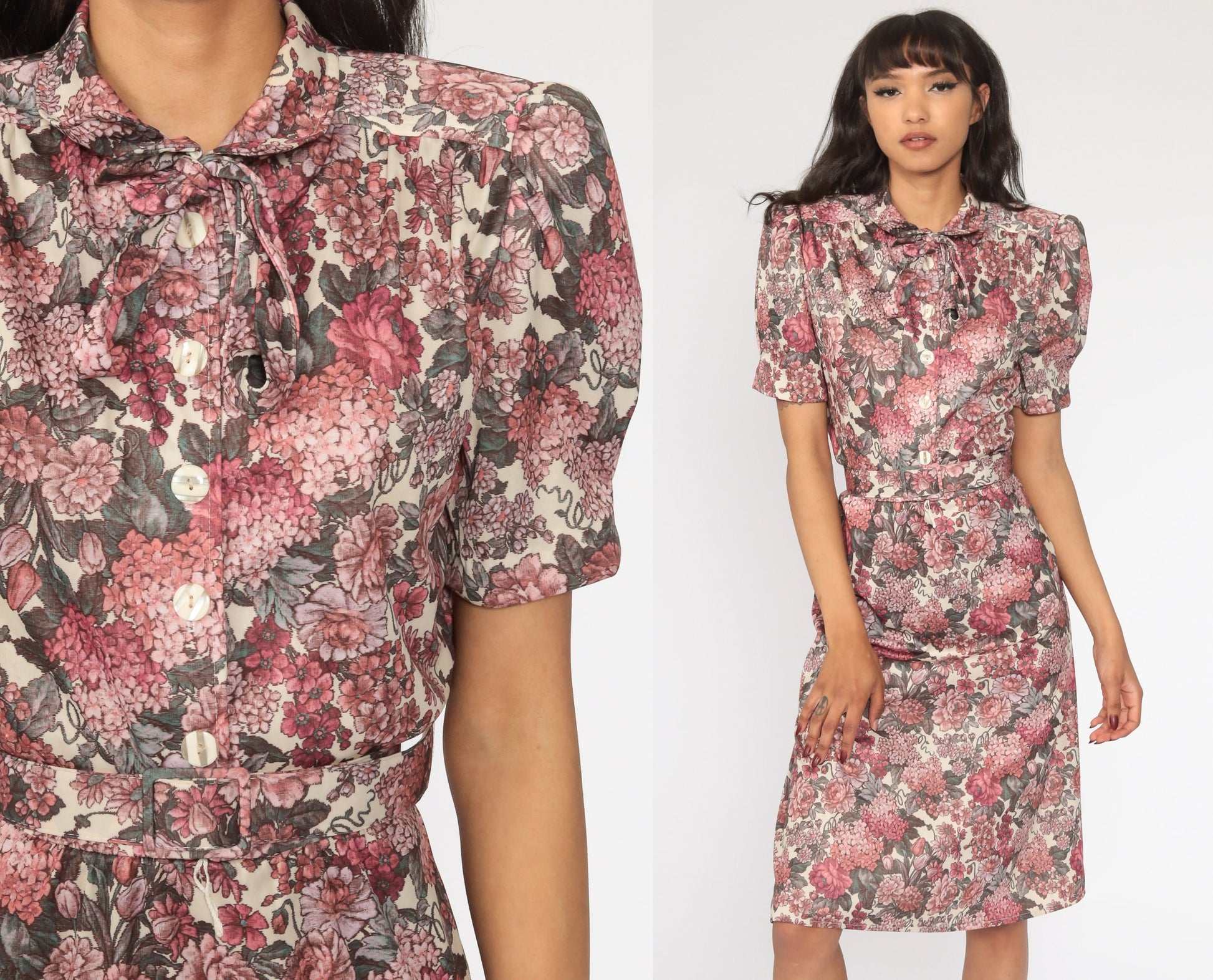 70s Floral Midi Dress High Waist Puff Sleeve Button Up Medium