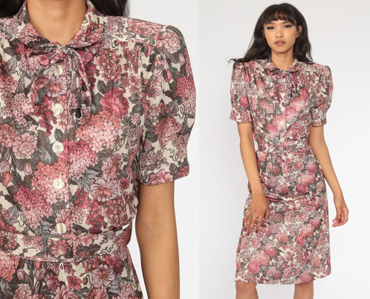 70s Floral Midi Dress High Waist Puff Sleeve Button Up Medium