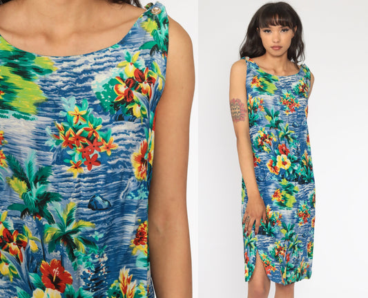 90s Blue Hawaiian Floral Mini Dress Sleeveless Shift Tank Small