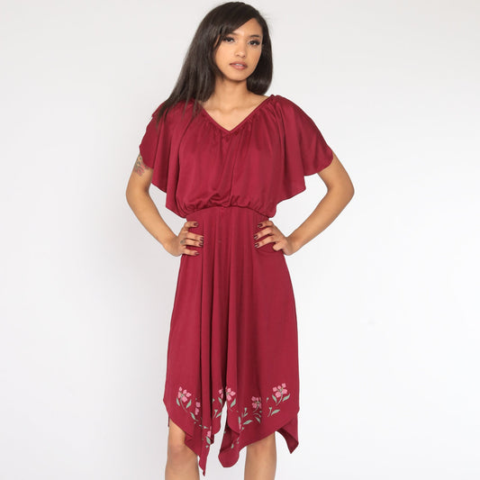 70s Grecian Midi Dress Burgundy Floral High-Low Scarf Hem Small Medium