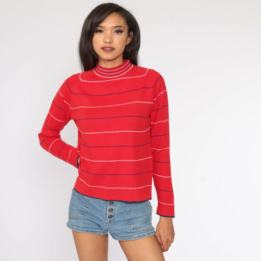70s Red & White Striped Mock Neck Knit Pullover Small Medium