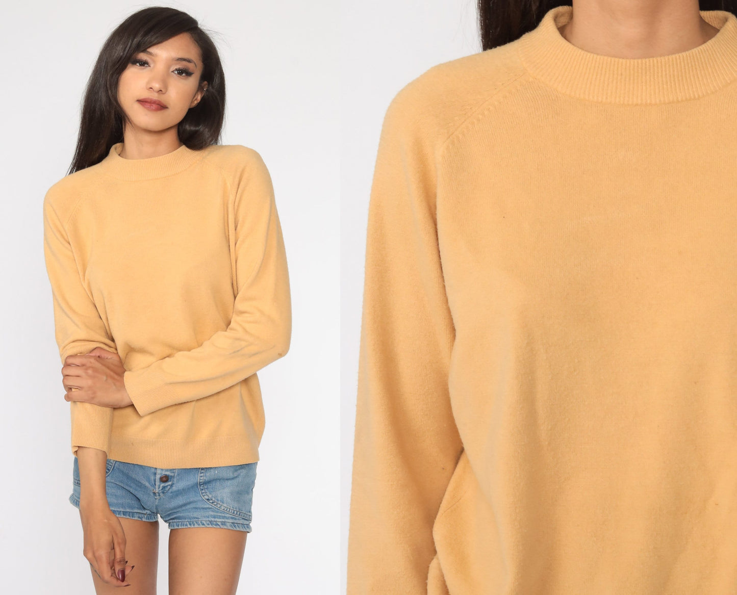 70s Tan Knit Raglan Sweater Pullover Small