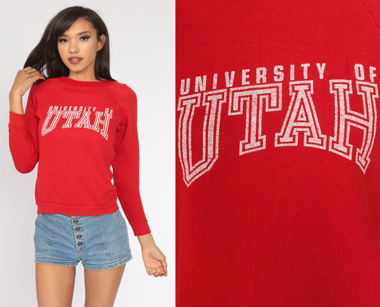 80s University of Utah Sweatshirt Red Distressed Crewneck Extra Small