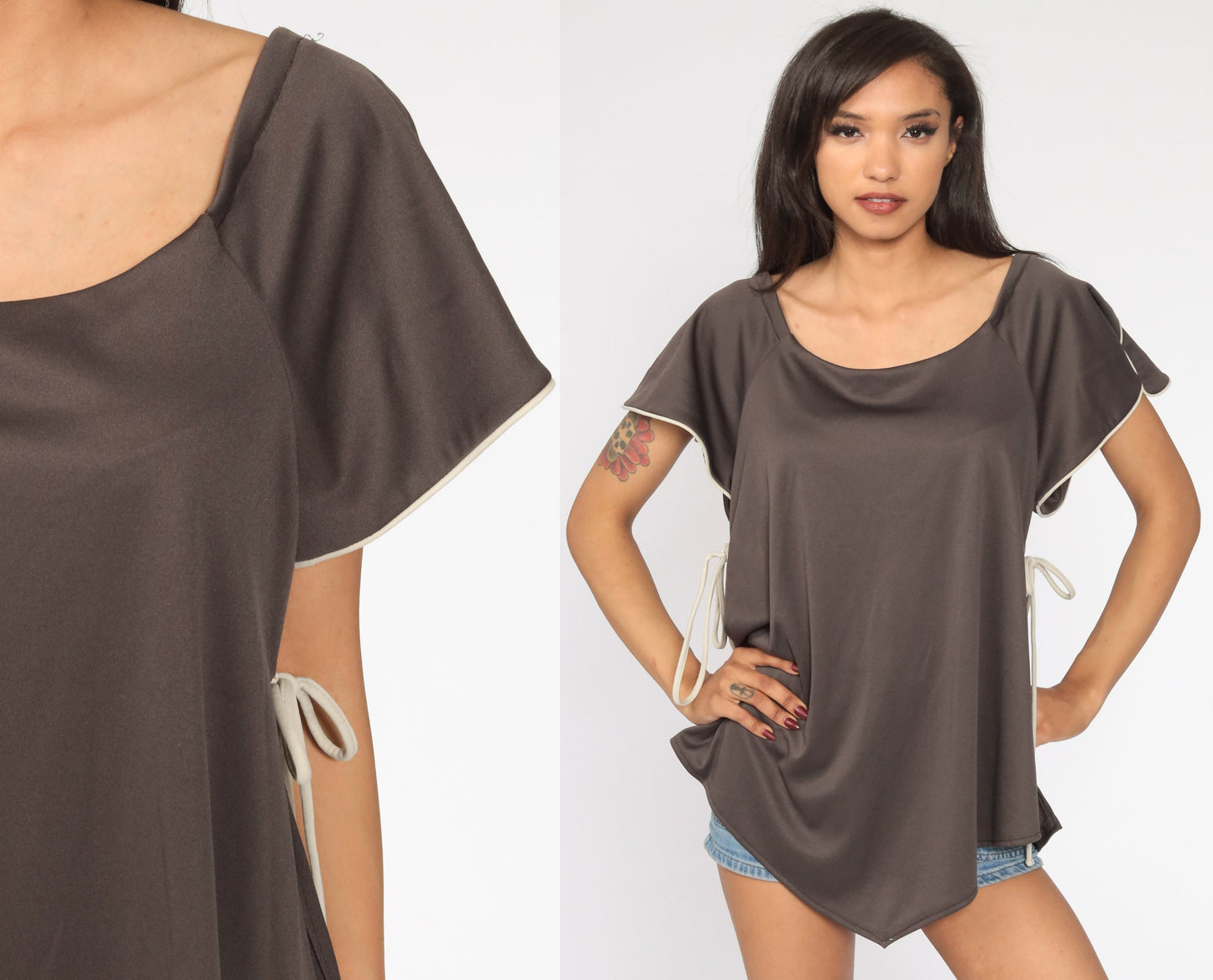 70s Brown Polyester Tunic Top Side Slit Short Sleeve Blouse Medium Large